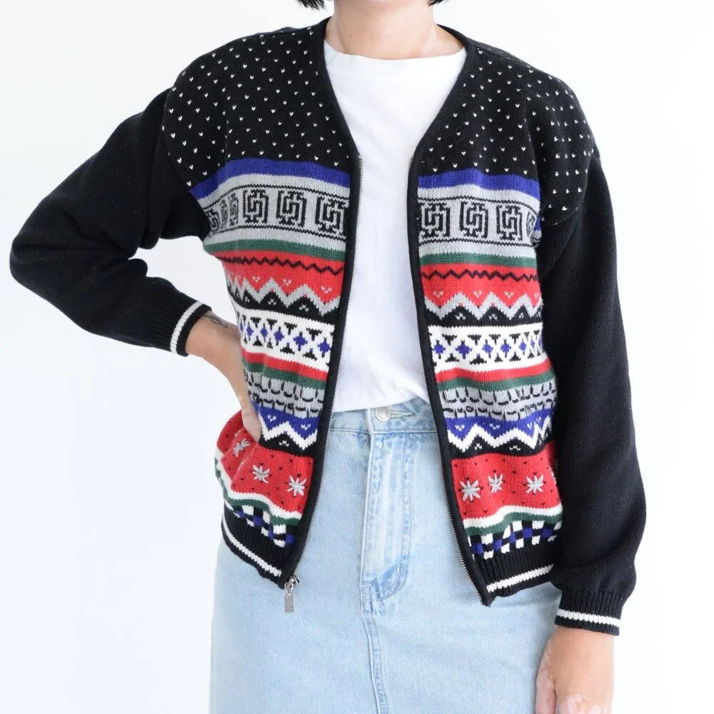 Vintage Liz Claiborne Navy Red 100% Cotton Zip Up Cardigan Sweater M